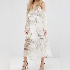 River Island Asymmetrical Floral Dress - Cream and Purple